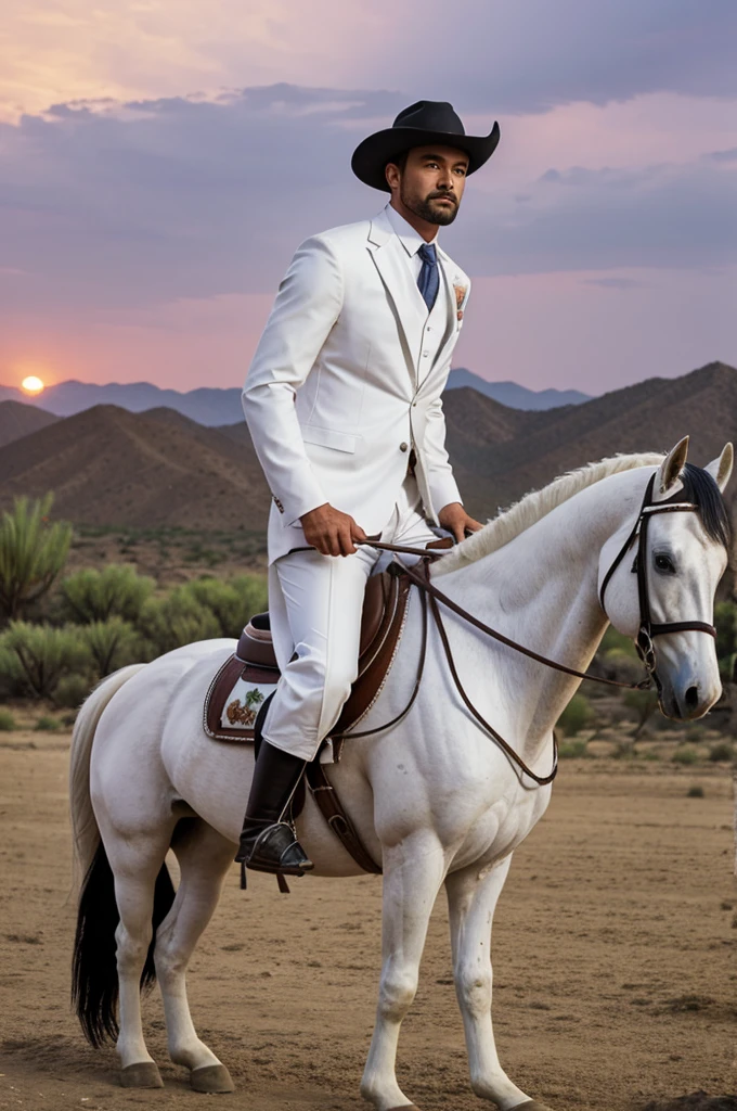 Draw a man in a white suit that says Banda maguey riding a horse at dawn