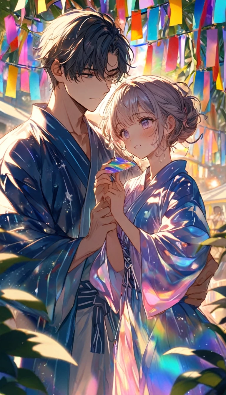 The girl's profile in a yukata was as beautiful and sparkling as the starry sky.

When I looked up, the Milky Way was in a straight line above my head, and the stars Altair and Vega on the opposite bank were shining even brighter as if in unison.

Tonight is Tanabata.

A day when lovers rejoice in meeting each other and are filled with happiness.

ligne claire, detailed madeon, bestQuality, highresolution,(masterpiece, best quality:1.2), cute,(Woman of) unsurpassed beautyglitter background
Spectacular view
One beautiful girl in a thousand years,medium breasts,