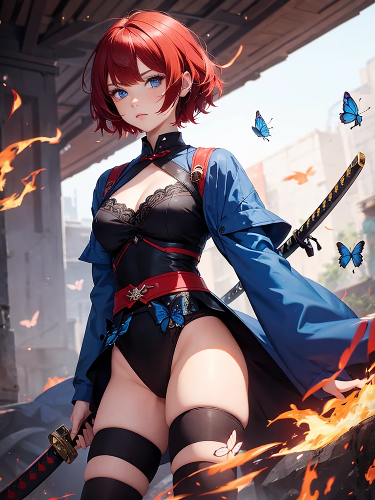 Girl with short scarlet hair, blue eyes, butterfly decoration in hair, using a dark energy katana.