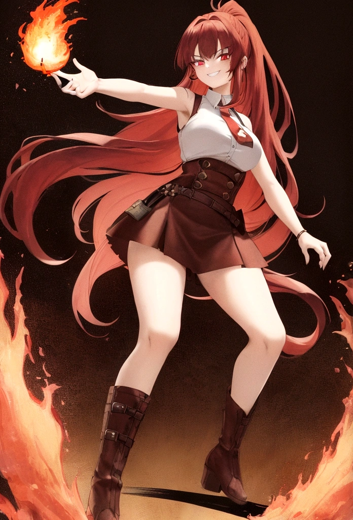 20 years old, long red hair, wears a ponytail, red eyes, always smiling. She dresses in an antique style, wearing a short brown skirt with black shorts underneath, ending above the knees. She wears knee-high brown boots. Her white blouse is sleeveless and features red details. She possesses fire powers and has a fire-themed background."