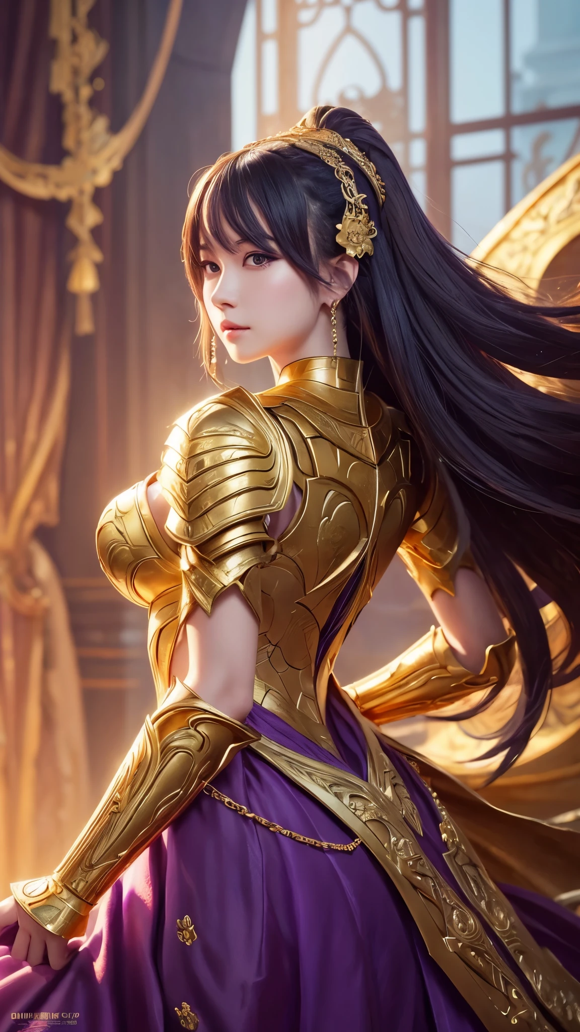 Close-up of a woman in a gold and purple dress, Chengwei Pan at Art Station, Jan J, Detailed fantasy art, Amazing character art, Fan Art Best Art Station, Magnificent and elaborate character art, Beautiful Armor, Highly detailed art, Detailed digital anime art, Art Station pixiv&#39;s artgerm, Girl in armor