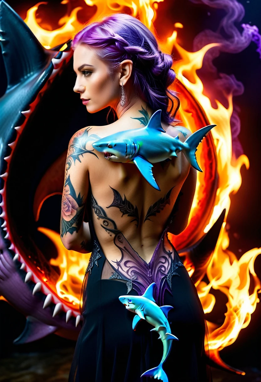 a picture of a an elf with a ((tattoo of a shark: 1.5)) on her back, Dark fantasy art, fantasy art, goth art,, a glowing tattoo of a ((shark: 1.3)) on the back of the elf, the ((shark tattoo)) is vivid, intricate detailed coming to life from the ink to real life, GlowingRunesAI_purple, ((fire surrounds the shark: 1.5)), shoot taken from the back, ((the back is visible: 1.3), she wears a transparent black dress, the dress is elegant, flowing, elven style, that the tattoos glow, dynamic hair color, dynamic hair style, faize