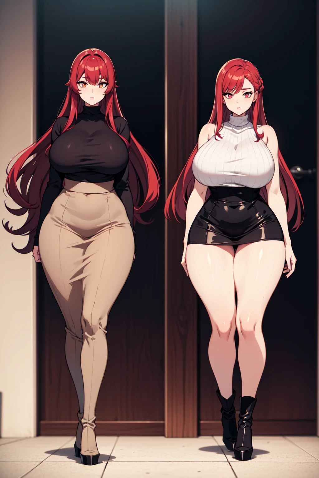 Full body shot of 1 beautiful woman, adult, big body, voluptuous woman, (Very long straight hair), hair with bangs,( red hair), eyes are green, contoured eyelids, painted eyelids, huge breasts, black turtleneck sweater, (beige long pencil skirt), Curvy hourglass figure, chest proportion, narrow skirt , high, knee-high boots, high heels, white skin, Russian appearance