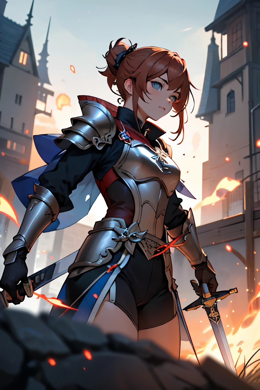 1 girl, plate armor, shorth hair ,Reddish blonde hair, blue colored eyes, castle, dusk, magie, paisaje, Depth of field, fire, Light particles, lightrays, side lighting, Destiny \(Series\), impacto genshin, training with swords

