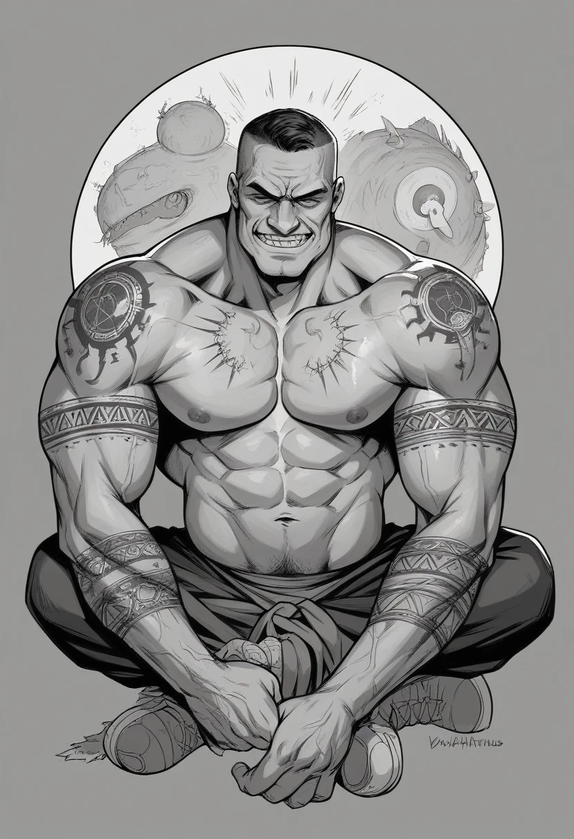 Draw a picture of a sperm whale or Physeter Macrocephalus, fierce and scary face, a threatening look, Right hand showing middle finger, while the left hand holds a machete, with muscles and black and white tattoos all over his body, resemble humans, have legs and arms like ordinary humans, not wearing footwear, is sitting or sleeping on the inscription "VALLEY", the writing is from a graffiti theme and uses modern fonts, the writing uses a rock or crack texture, with the background of an erupting mountain. realistic, super realistic, Super high definition, ultra hd, dark grey background, rendering, Very detailed, not sharks, Physeter Macrocephalus