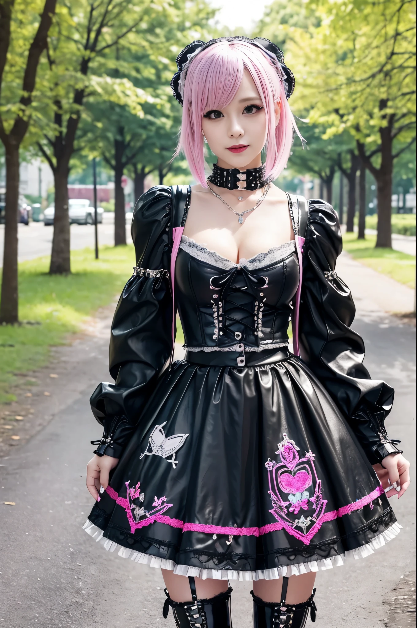 sexy stylish Swedish model, only 1 female, ((doll-like appearance)), short neon pink stylish hair, ((shiny Punk-Style boots)), (beautiful smile), ultra detailed eyes, detailed makeup, lipgloss, ((sexy Punk ta cosplay)), unconventional skirt, petticoats, high neckline, ((ultra detailed lace)), ((ultra detailed embroidery)), intricate details, tartan patterns, (silver chains), (silver spikes), (safety pins), Punk Loliccessoires, Punk Lolita cr, ((large sparkling Punk Lolita jewel, cinematic light, detailed large park background with trees