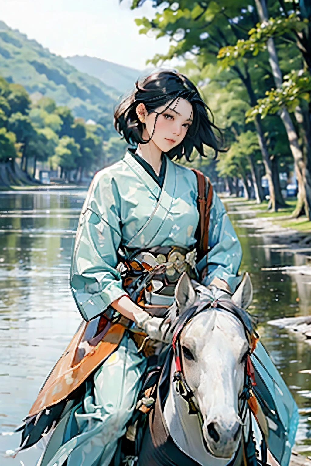 (Highest quality、High resolution、masterpiece)、(Anime Art 4k)、(Realistic)、Horseback archery、Portraiture、 (whole body)、(1 person)、20-year-old woman、Beautiful Face、 (Facial details)、Black Hair、 short hair、 Beautiful Hair、Skin Texture、Slim figure、Cinema Lighting、Ray Tracing、Soft Light、Landscape painted on a foggy morning、Outdoor、Nice views、Seaside、(Sargent-style watercolor)、(Edmund Leighton Style)、