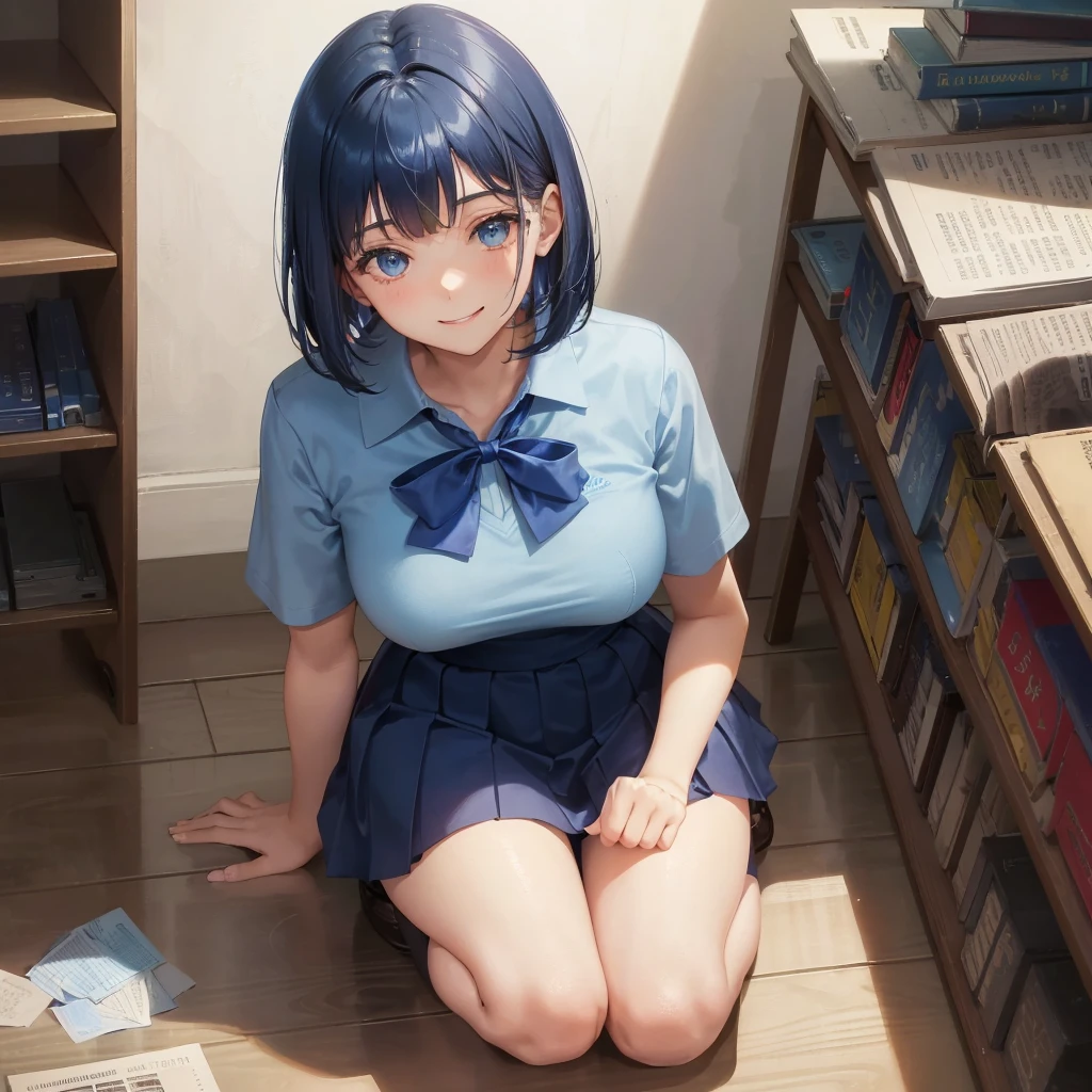 1. High school girl 17-year-old female Bobcut dark blue hair color High School Uniform Light blue Y-shirt Short sleeve Blue Ribbon dark blue hair color Slim figure Large Breasts Full body portrait School library Smiling Kindly Laugh a little library Hand Signs squat Kneel Look up here