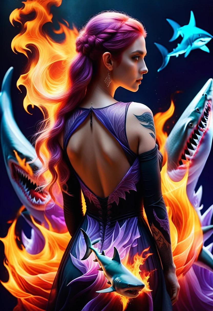 a picture of a an elf with a ((tattoo of a shark: 1.5)) on her back, Dark fantasy art, fantasy art, goth art,, a glowing tattoo of a ((shark: 1.3)) on the back of the elf, the ((shark tattoo)) is vivid, intricate detailed coming to life from the ink to real life, GlowingRunesAI_purple, ((fire surrounds the shark: 1.5)), shoot taken from the back, ((the back is visible: 1.3), she wears a transparent black dress, the dress is elegant, flowing, elven style, that the tattoos glow, dynamic hair color, dynamic hair style, faize