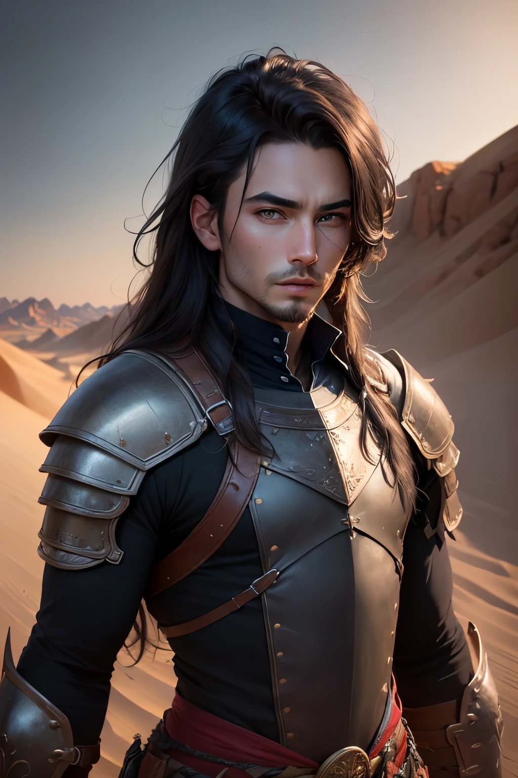 ((best quality)), ((masterpiece)), (detailed), Prize-winning works, with incredible details, maximum textures and details, mantea ,1 An adventurous warrior man in dark black light armor,(30 year old murderer:1.1,detailedeyes, face detailed, whole body:1.1,the background is a desert ),(best qualityer:1.2,ultra detali:1.1,realisitic:1.37),stone medieval ancient city ,eyeshadows,hidden identity,sharp focus,swirly vibrant colors,moonlights), (twilight), (natta), 8K