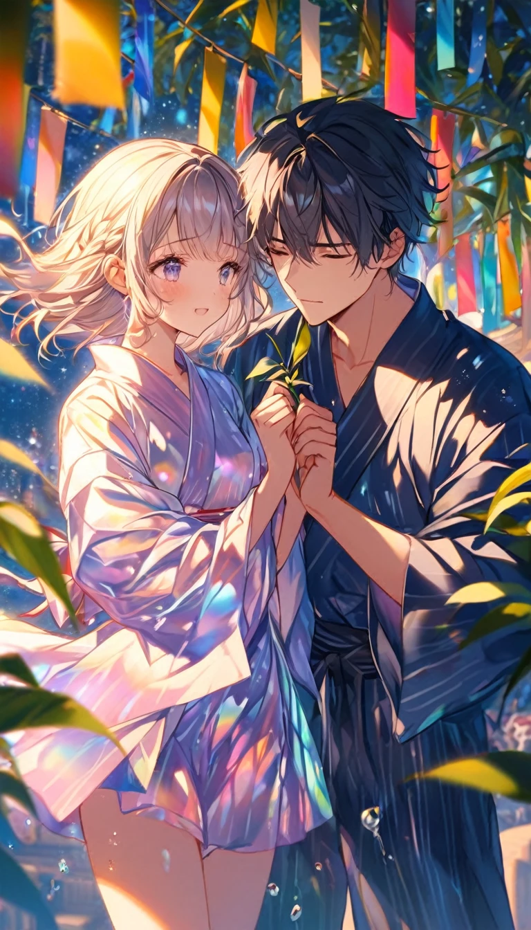Tanabata、Strip、Bamboo leaf、Stripに願いをこめて、Stripを持っている、Grilling in a yukata,fluid,Particles of light, dream-like,Sparkling,dream-like glow,Paint drips,oil,strong stroke,Paint drips,Splash Paint Drop, oil,(Abstract:1.2)A girl and a boy made up of(Tanabataライトトレース:1.25),Change to (Radioluminescence light tracking) スタイルTanabata,They are Orihime and Hikoboshi(Cowboy Shot,Above Knee Portrait:1.25),Temple Fair,Summer festival,Shining in rainbow colors、16K, Ultra-high resolution, to be born,wonderful ,future、Iridescent、The world 30 years from now。