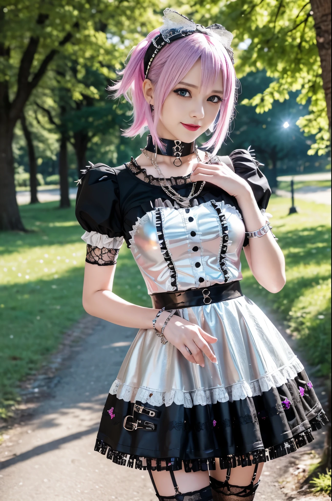 sexy stylish Swedish model, only 1 female, ((doll-like appearance)), short neon pink stylish hair, ((shiny Punk-Style boots)), (beautiful smile), ultra detailed eyes, detailed makeup, lipgloss, ((sexy Punk ta cosplay)), unconventional skirt, petticoats, high neckline, ((ultra detailed lace)), ((ultra detailed embroidery)), intricate details, tartan patterns, (silver chains), (silver spikes), (safety pins), Punk Loliccessoires, Punk Lolita cr, ((large sparkling Punk Lolita jewel, cinematic light, detailed large park background with trees