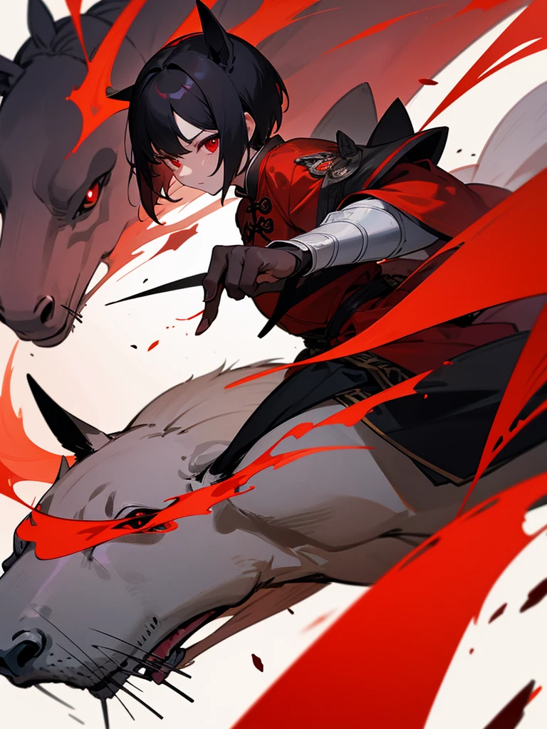 Chinese warrior red eyes horse black short hair