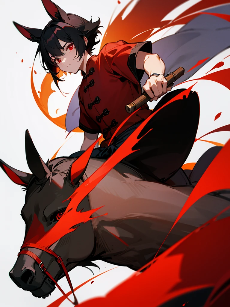 Chinese warrior red eyes horse black short hair male