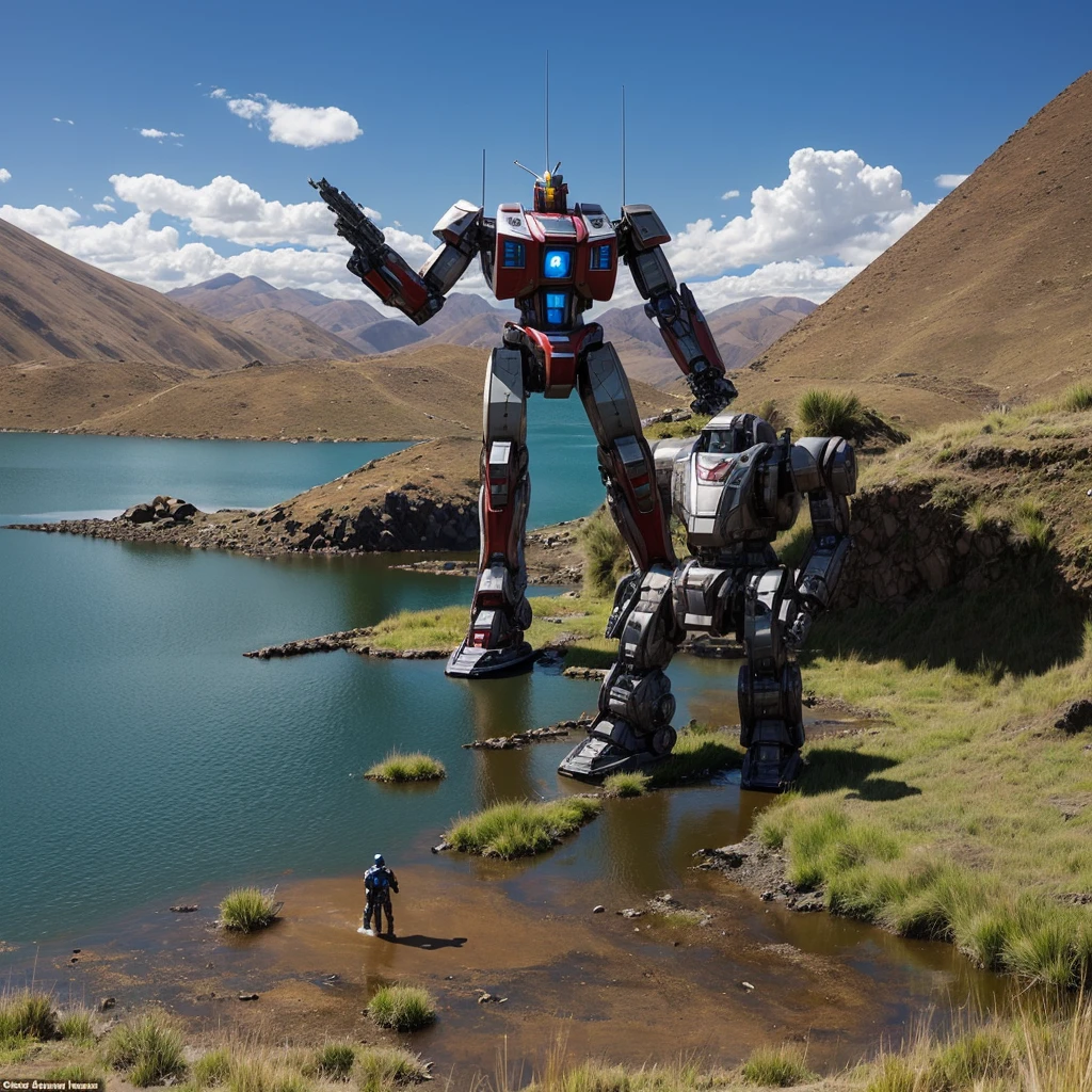 Create a super realistic image , taking care to detail the shine and the environment , a giant robot emerging from Lake Titicaca , half the robot's body is under the lake , while it's raining, the robot looks like from the movie pacific rim , The giant robot has details that let us know that it is from the country of Bolivia