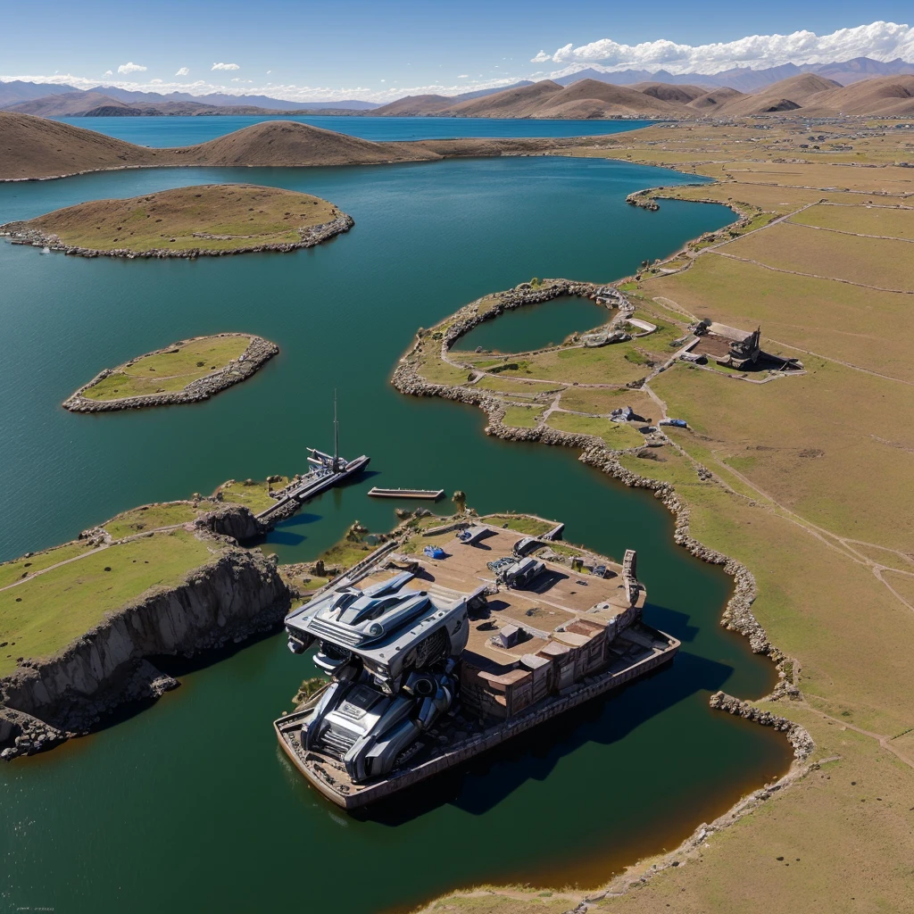 Create a super realistic image , taking care to detail the shine and the environment , a giant robot emerging from Lake Titicaca , half the robot's body is under the lake , while it's raining, the robot looks like from the movie pacific rim , The giant robot has details that let us know that it is from the country of Bolivia