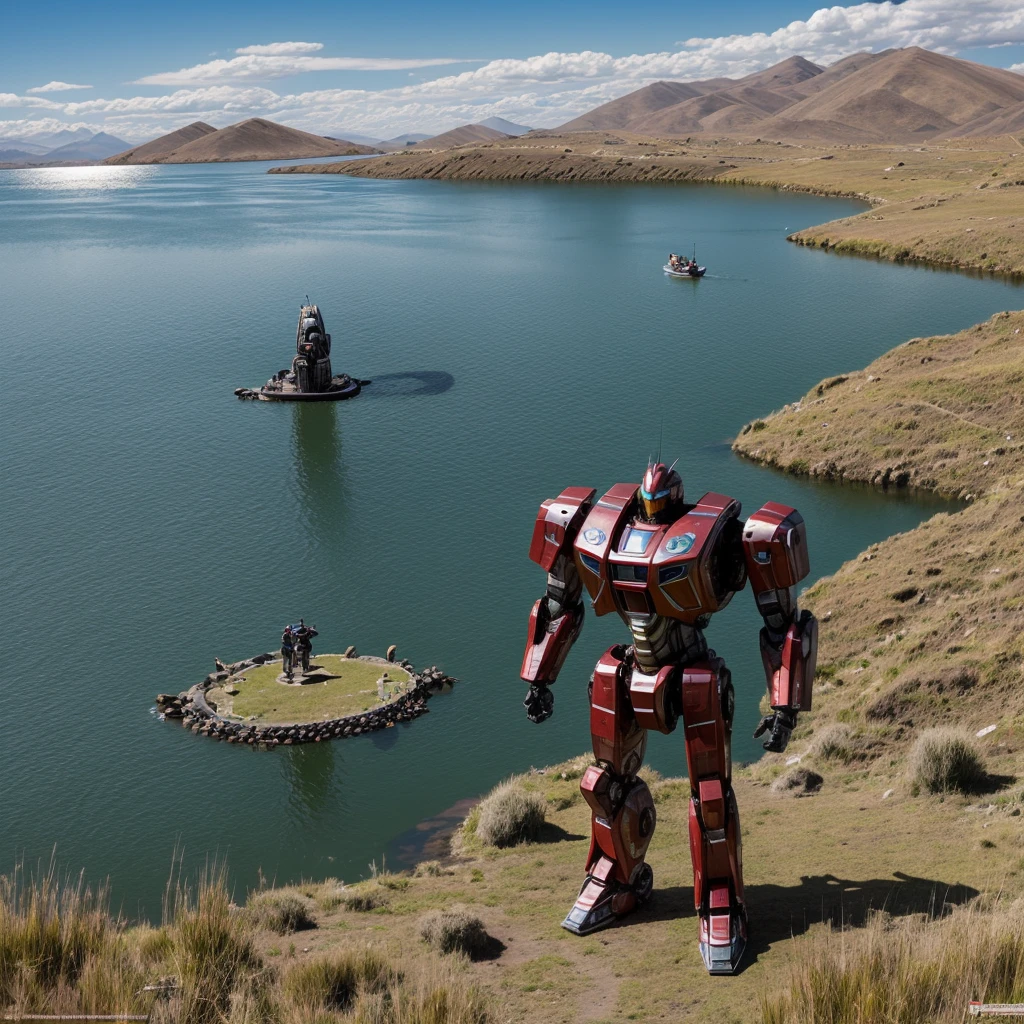 Create a super realistic image , taking care to detail the shine and the environment , a giant robot emerging from Lake Titicaca , half the robot&#39;s body is under the lake , while it&#39;s raining, the robot looks like from the movie pacific rim , The giant robot has details that let us know that it is from the country of Bolivia 