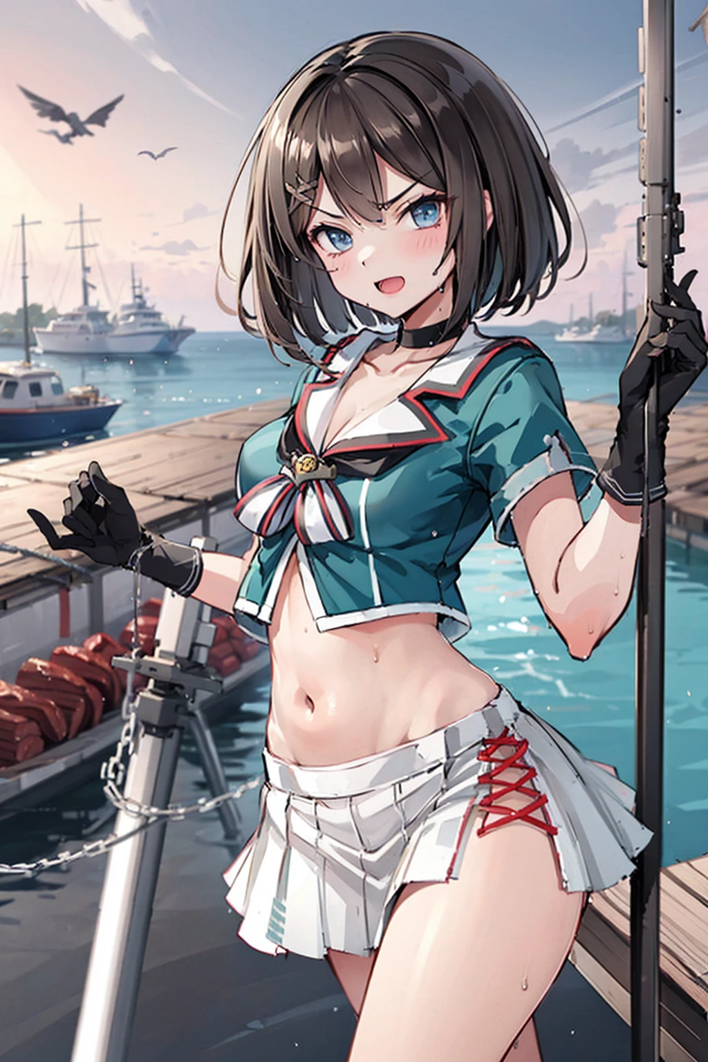 ung_teeirl, , brown_hair, medium_bob_hair, blue_midriff_baring_sailor_uniform, mini_skirt, short_sleeve, thighs, large_breasts, angry, smile, open_mouth, standing, harbor_background, slightly_spread_Legs, happiness, short_gloves, wet,,covered_nipples, covered_crotch,Maya_flag,