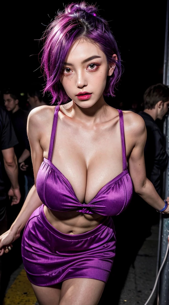 (masterpiece:1.2, best quality), (real picture, intricate details, accentuated super huge enormously gigantic breasts deep cleavage showing), solo, girl, Clothes: edgy, harajuku inspired avant-garde, experimental Appearance: shaved head or bold hair color, dramatic makeup, unconventional fashion choices Behavior: rebellious, non-conformist, provocative Location: luxurious bedroom, underground music scene Hobbies: attending punk shows, creating mixed media art, experimenting with different subcultures Values: individuality, authenticity, creative expression Inspirations: punk rock music, counterculture icons, avant-garde art movements Personality traits: bold, daring, unconventional. Neon purple short hair emo pin up girl, striking a sexy seductive slutty pose, fullshot, centered image, ultra detail, extremely face detail, extremely eye detail. Neon purple long hair, eye detail, very eye detail