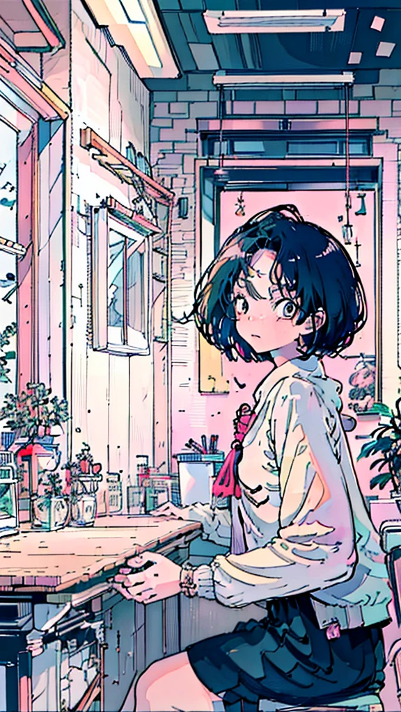 (masutepiece:1.5, Best Quality:1.5), ((Vaporwave Style, partially coloring)),In a cozy apartment, Girl studying diligently at desk alone,dim room,Stylish warm lighting, laptop, Coffee on the desk, desk lights on thedesk, I can see the moon from the window,Room decorated with plants