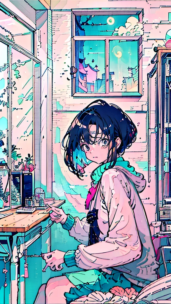 (masutepiece:1.5, Best Quality:1.5), ((Vaporwave Style, partially coloring)),In a cozy apartment, Girl studying diligently at desk alone,dim room,Stylish warm lighting, laptop, Coffee on the desk, desk lights on thedesk, I can see the moon from the window,Room decorated with plants