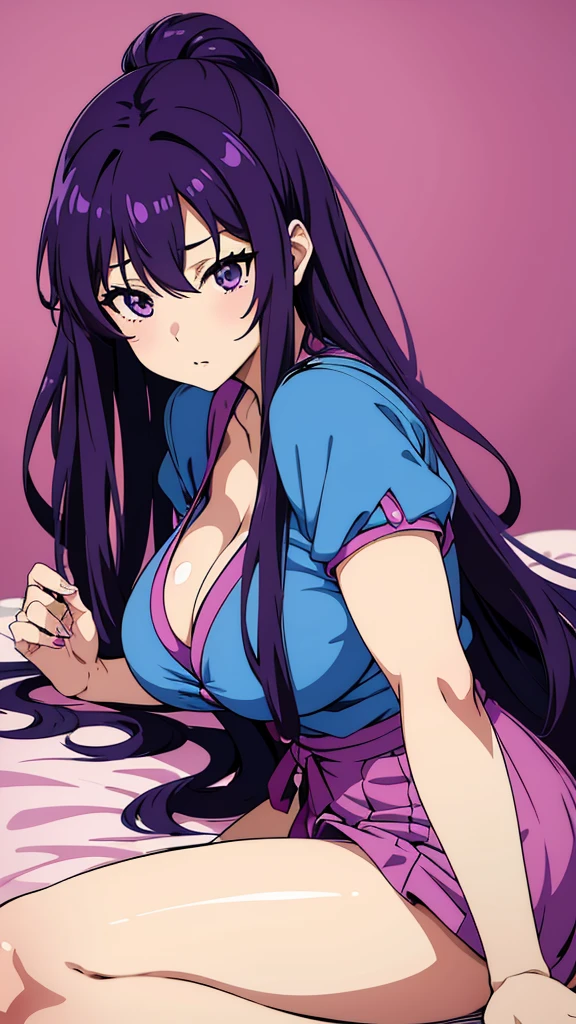 A closeup of a woman with long purple hair and a blue top, an anime drawing inspired by Kusumi Morikage, pixiv, neogeo, seductive anime girl, Misato Katsuragi, Ecchi anime style, oppai, Yuri Misaki, anime moe art style, beautiful seductive anime , big breasts!, Rumiko