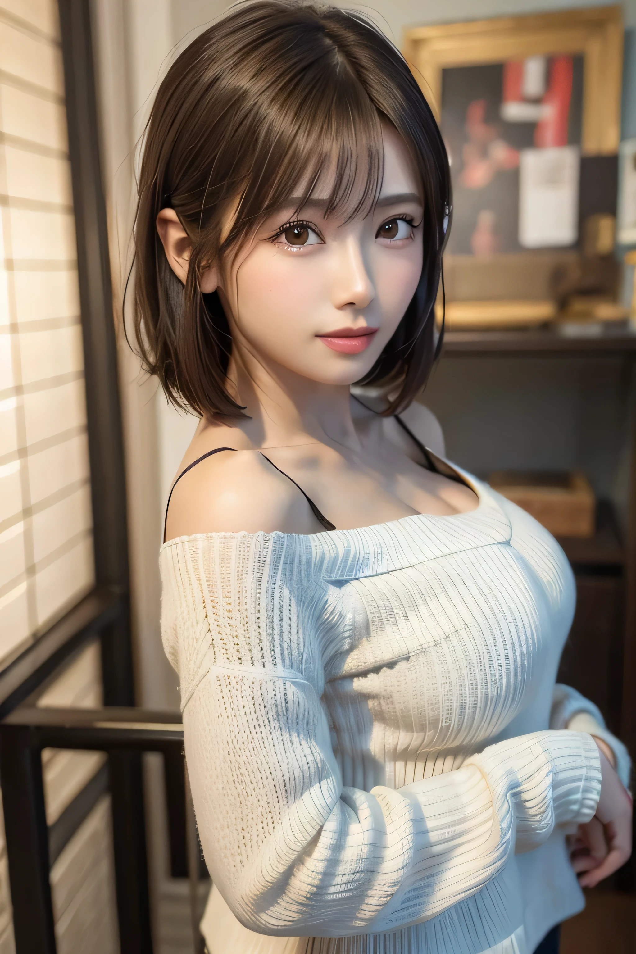 (8K、Realistic、RAW Photos、Highest quality: 1.3)、(Real Skin),Beautiful expression、High detail、Ultra-high resolution、(One Girl)、Super Beauty、(True Face)、(boyish、Natural color super short hair)、Rough Chest T-shirt、Captivate your audience、Beautiful breasts、spouse'Perspective、Beautiful smile、Attractive and surreal、Hanikami,(sweater:1.2,Off the shoulder,V-Cut,Sand Beige)