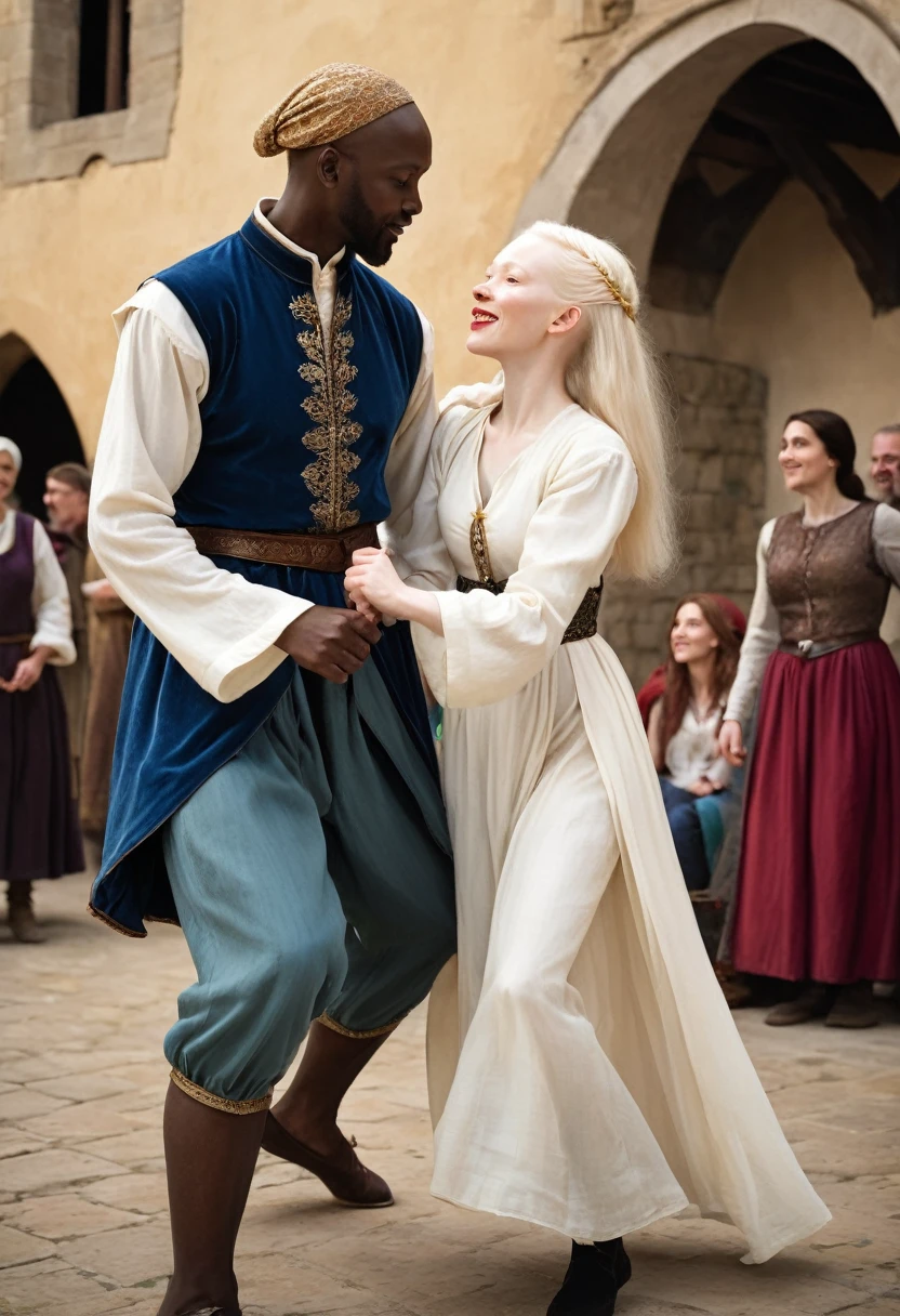 very tall man,Without beard,albino,dancing with a woman of medium dark complexion in a medieval setting, 20 years each