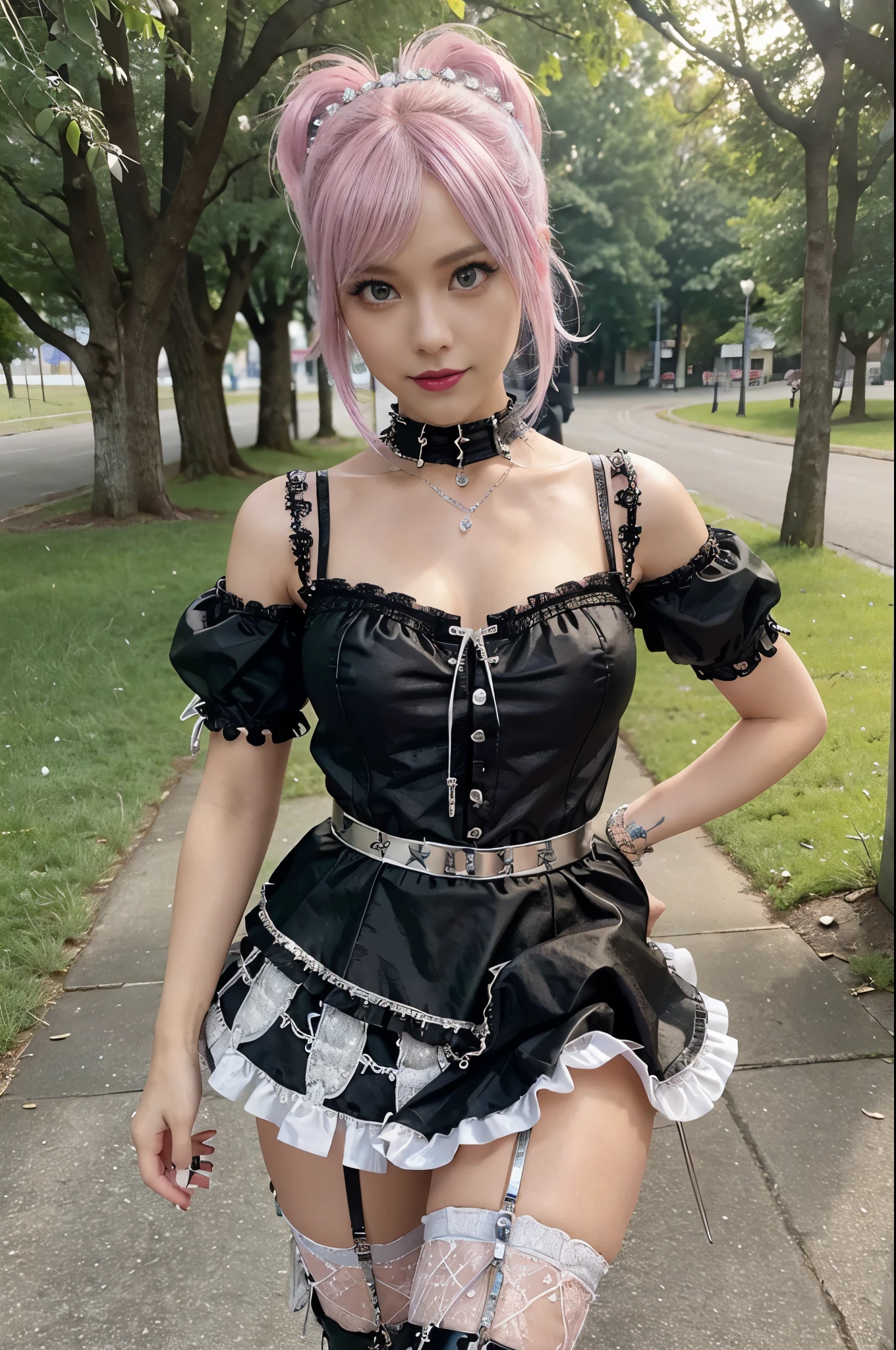 sexy stylish Swedish model, only 1 female, ((doll-like appearance)), short neon pink stylish hair, ((shiny Punk-Style boots)), (beautiful smile), ultra detailed eyes, detailed makeup, lipgloss, ((sexy Punk ta cosplay)), unconventional skirt, petticoats, high neckline, ((ultra detailed lace)), ((ultra detailed embroidery)), intricate details, tartan patterns, (silver chains), (silver spikes), (safety pins), Punk Loliccessoires, Punk Lolita cr, ((large sparkling Punk Lolita jewel, cinematic light, detailed large park background with trees