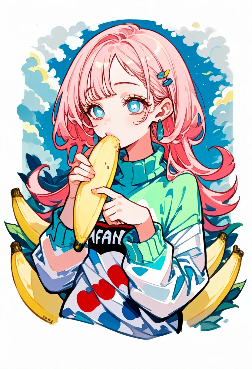 (masterpiece, best quality: 1.2),Barbie doll,，colloid， Sexy eyes，The expression of a kiss，Wet pink and white sexy lips， colloid skin，Full figure，earrings（（Watercolor pattern sweater））eating banana，full-body shot