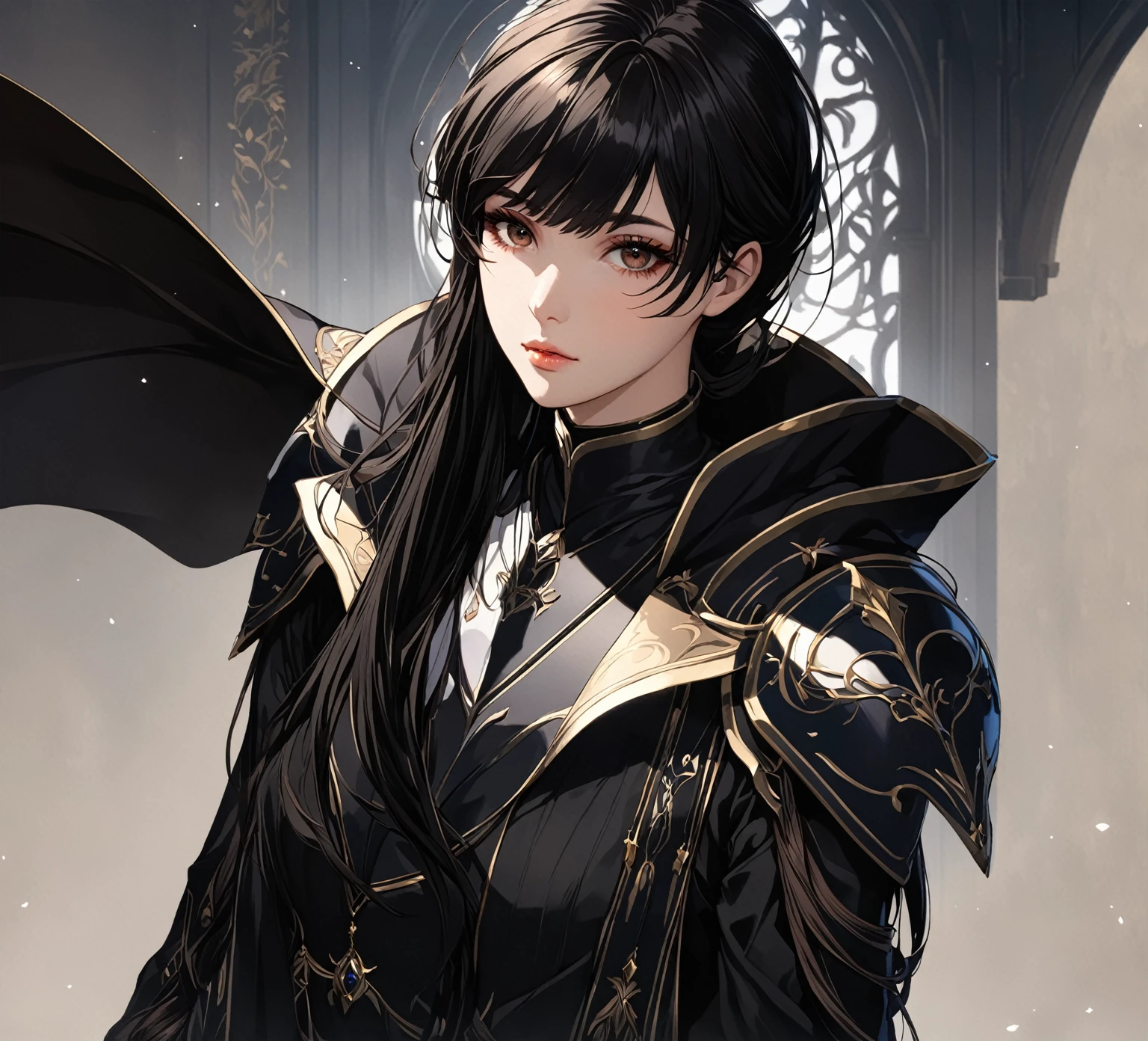 masterpiece, best quality, 1woman. adult, female focus, solo, black hair, vibrant dark brown eyes, long hair, looking at viewer, closed mouth, bangs, Fantasy aesthetics, Highly detailed, shadowverse style