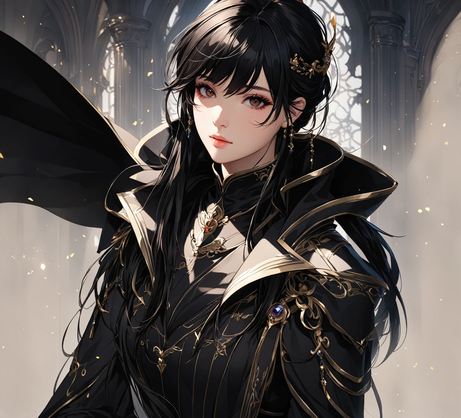 masterpiece, best quality, 1woman. adult, female focus, solo, black hair, vibrant dark brown eyes, long hair, looking at viewer, closed mouth, bangs, Fantasy aesthetics, Highly detailed, shadowverse style