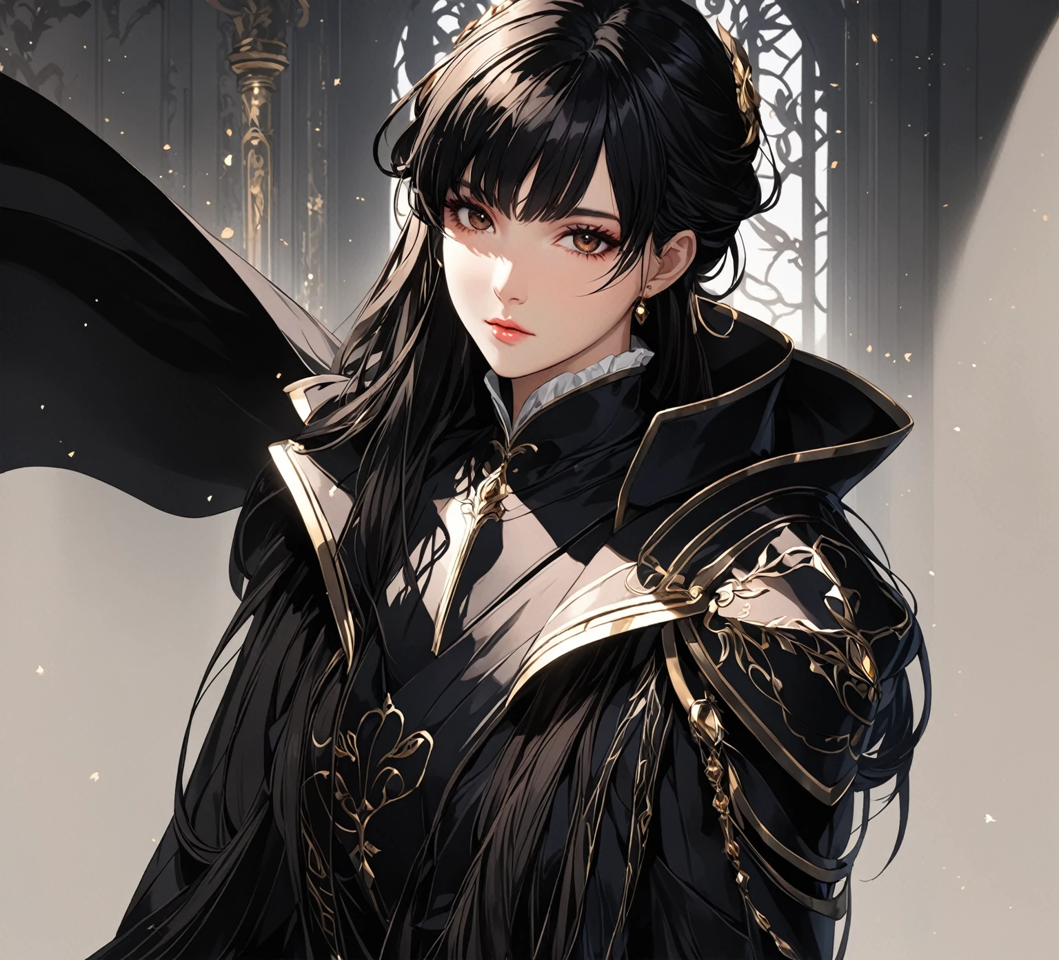 masterpiece, best quality, 1woman. adult, female focus, solo, black hair, vibrant dark brown eyes, long hair, looking at viewer, closed mouth, bangs, Fantasy aesthetics, Highly detailed, shadowverse style