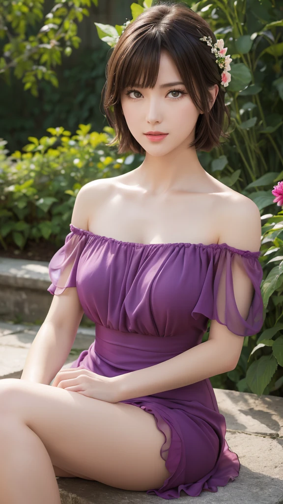 ((Highest quality, 8K, Tabletop: 1.3, RAW Photos)), Sharp focus: 1.2, (1. AESPA Girl :1.1), alone, (Realistic, Realistic: 1.37), (Face Focus: 1.1), Cute face, Detailed facial features, Brunette short messy hair, A small smile, thin, (Off-the-shoulder chiffon dress: 1.2), Upper Leg, Crouched, garden, flower, dahlia flower