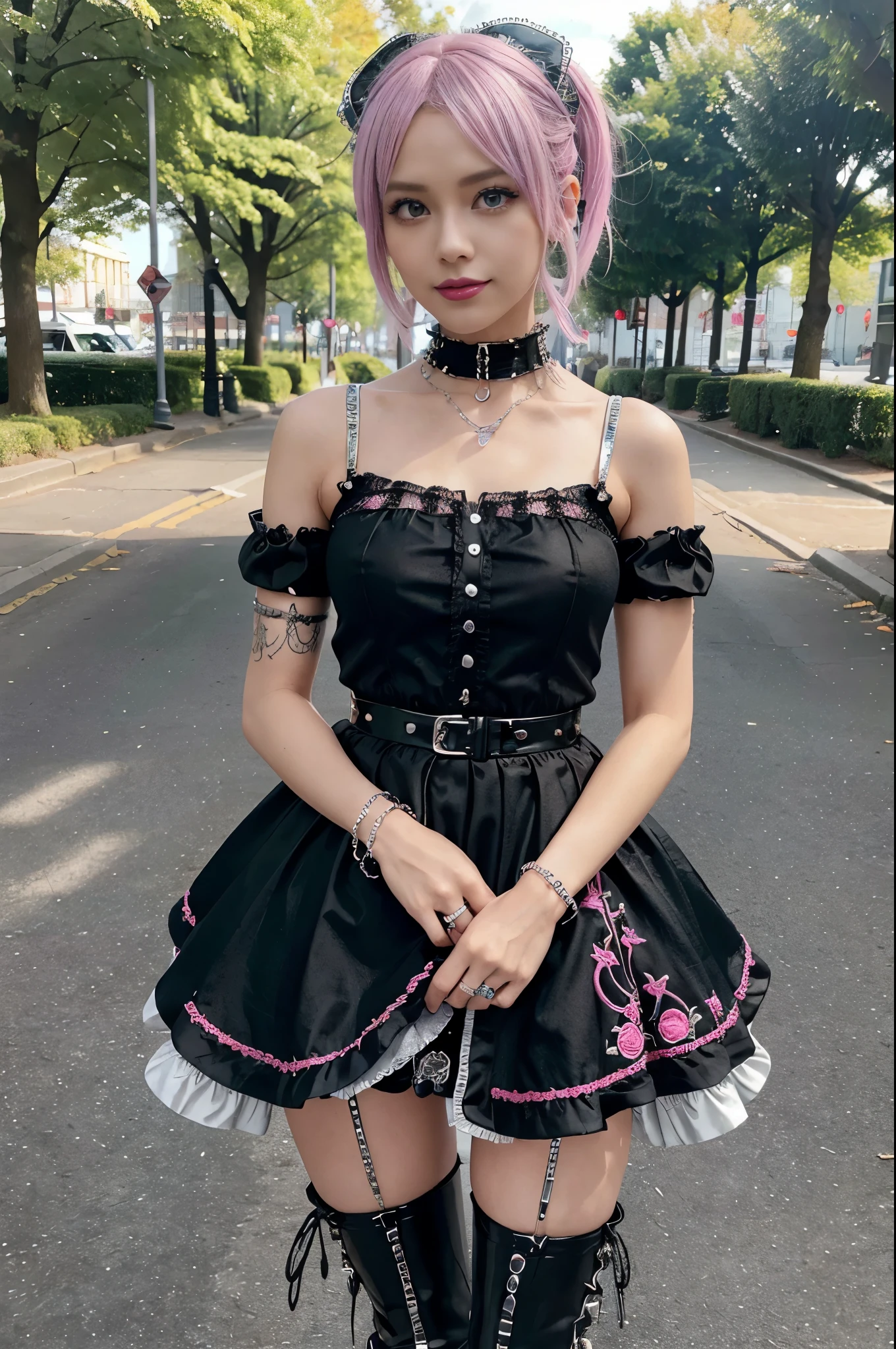 sexy stylish Swedish model, only 1 female, ((doll-like appearance)), short neon pink stylish hair, ((shiny Punk-Style boots)), (beautiful smile), ultra detailed eyes, detailed makeup, lipgloss, ((sexy Punk ta cosplay)), unconventional skirt, petticoats, high neckline, ((ultra detailed lace)), ((ultra detailed embroidery)), intricate details, tartan patterns, (silver chains), (silver spikes), (safety pins), Punk Loliccessoires, Punk Lolita cr, ((large sparkling Punk Lolita jewel, cinematic light, detailed large park background with trees