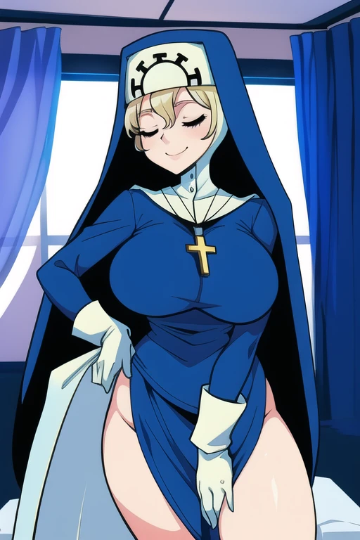 Double, short blonde hair, medium breasts, solo, 1girl, smiling, cowboy shot, closed eyes, 
 blue habit, cross necklace ,white gloves, long sleeves, nun, long skirt, room, bedroom, sexy pose, sexy body, cape, sexy breast, standing, boots