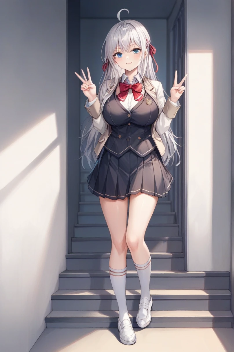 score_9, score_8_superior, score_7_superior, score_6_superior, score_5_superior, score_4_superior, Break Source_anime, Alisa Mikhailovna Kujo, blue eyes, Silver Hair, Long Hair, Red hair ribbon, White shirt, Ahoge, White shoes, Black vest, School black dress, White knee socks, Short beige blazer, Red bow tie, Are standing,Big Breasts,One-handed peace sign