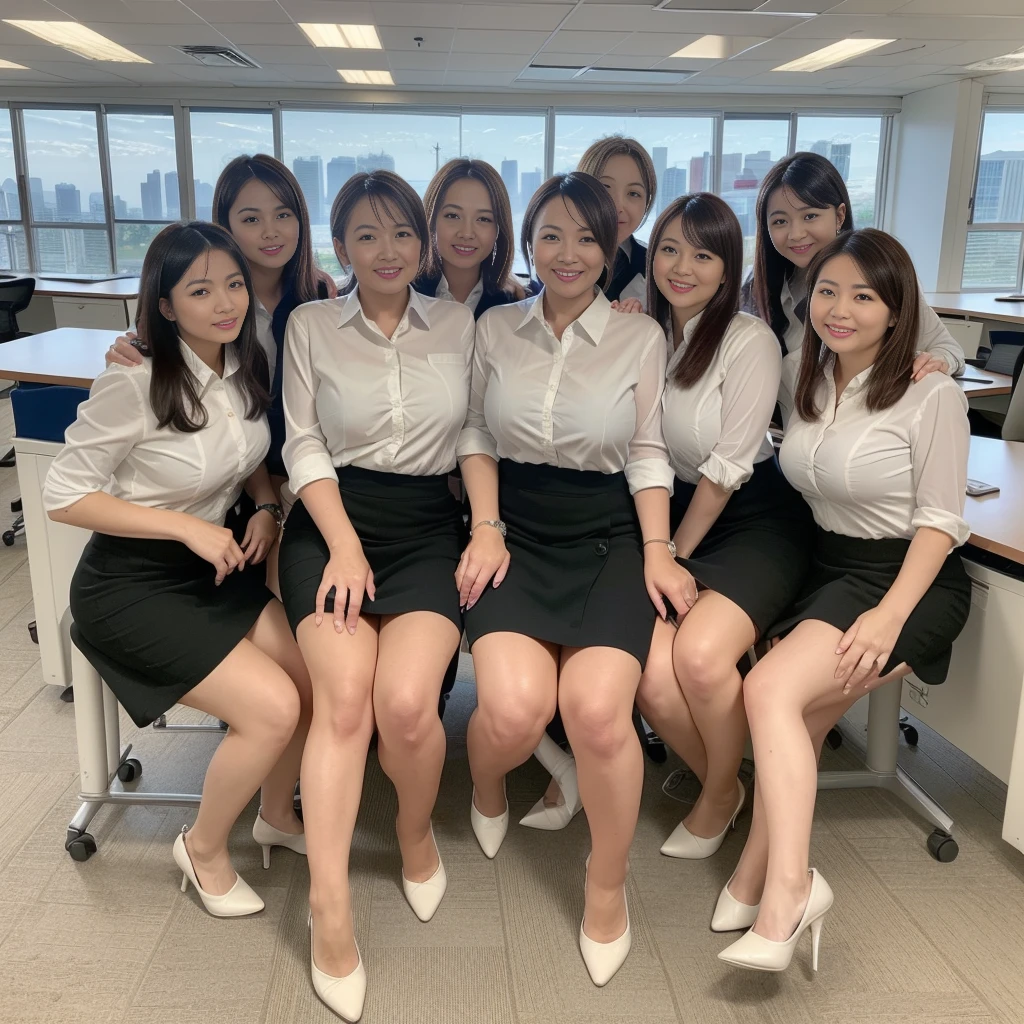 ((Best Quality, 8k, Masterpiecedetails, ultra-high resolution)), (group picture),(looking at the viewer), (full shot:), attractive business 5 milfs, 5 people, a bit chubby:0.25, seductive expression, white collared shirt, grey skirt, (sitting with cross legs on office desks)), smile, office of CEO