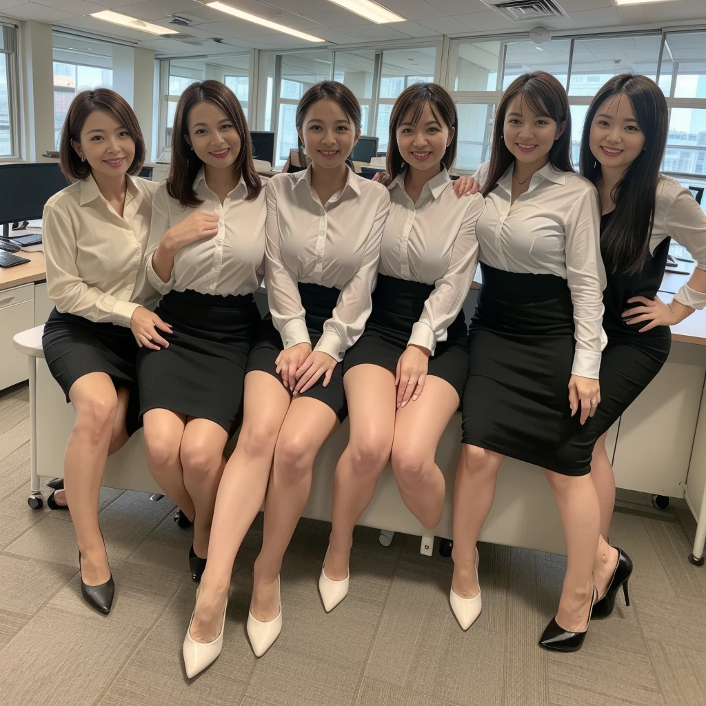 ((Best Quality, 8k, Masterpiecedetails, ultra-high resolution)), (group picture),(looking at the viewer), (full shot:), attractive business 5 milfs, 5 people, a bit chubby:0.25, seductive expression, white collared shirt, grey skirt, (sitting with cross legs on office desks)), smile, office of CEO