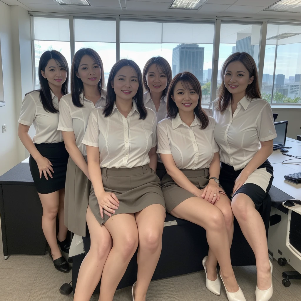 ((Best Quality, 8k, Masterpiecedetails, ultra-high resolution)), (group picture),(looking at the viewer), (full shot:), attractive business 5 milfs, 5 people, a bit chubby:0.25, seductive expression, white collared shirt, grey skirt, (sitting with cross legs on office desks)), smile, office of CEO