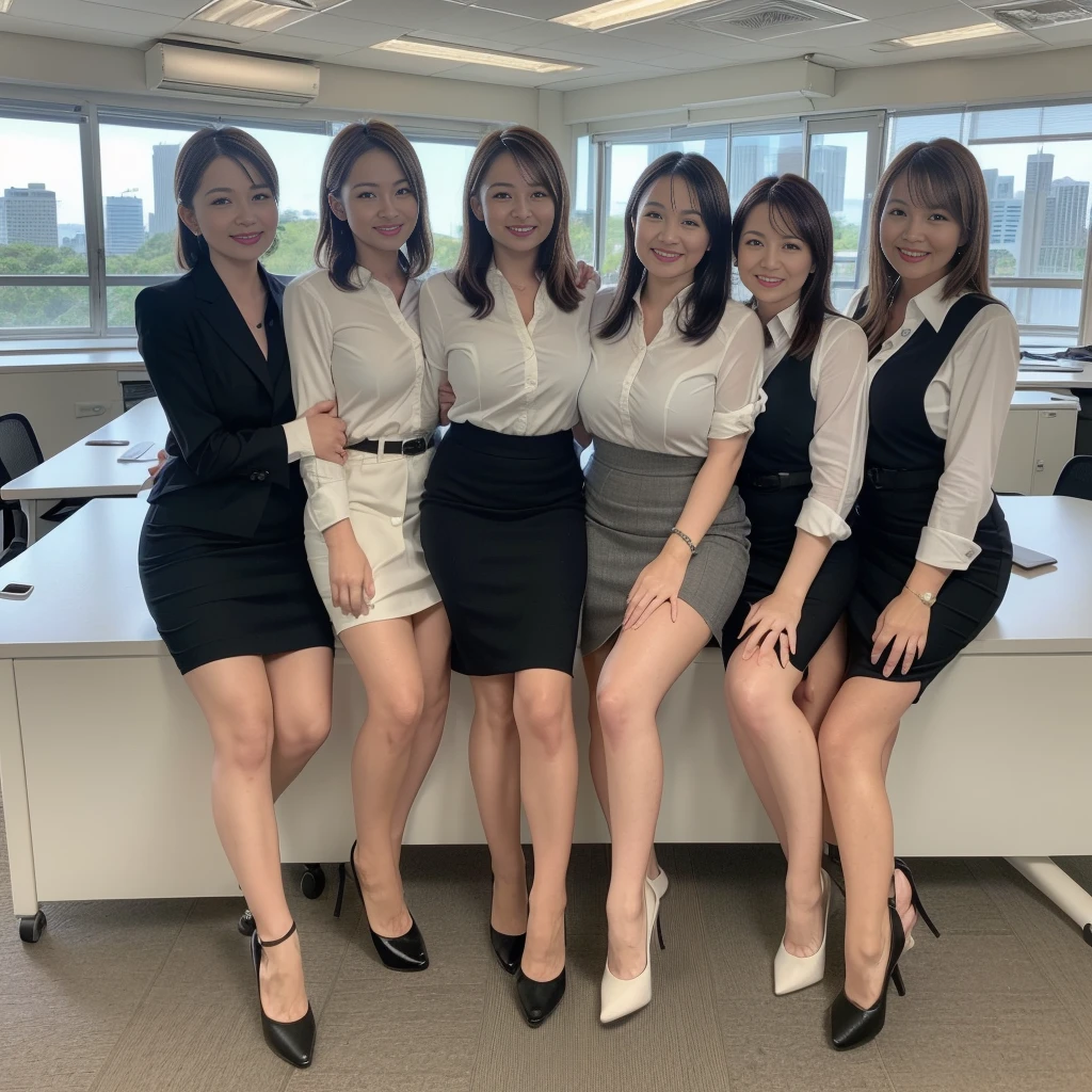 ((Best Quality, 8k, Masterpiecedetails, ultra-high resolution)), (group picture),(looking at the viewer), (full shot:), attractive business 5 milfs, 5 people, a bit chubby:0.25, seductive expression, white collared shirt, grey skirt, (sitting with cross legs on office desks)), smile, office of CEO