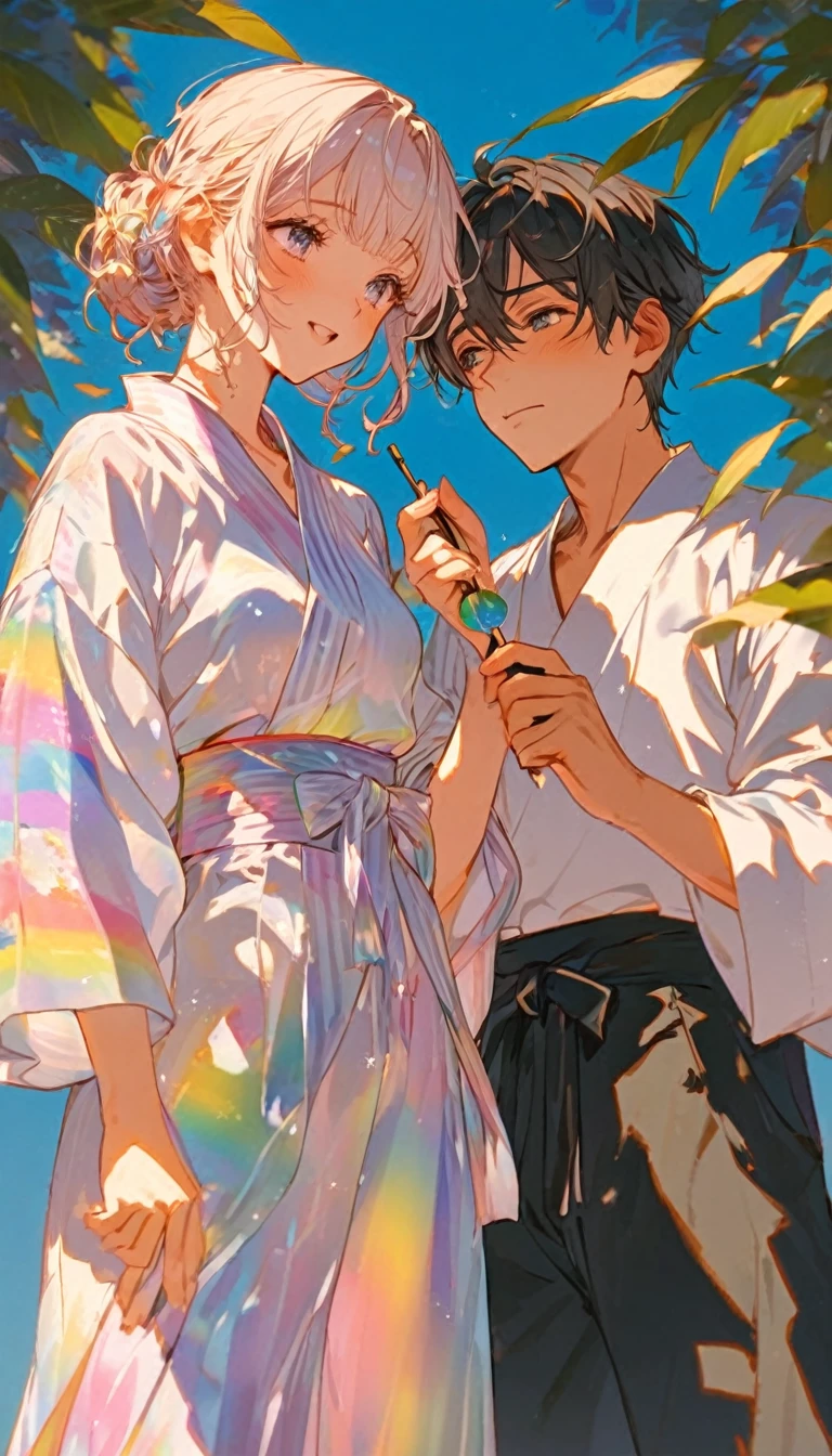 涙を流すTwo people、Sad expression、Caving、大きな花を見つめ合うTwo people、Two people、Tanabata、Strip、Bamboo leaf、Stripに願いをこめて、Grilling in a yukata,fluid,Particles of light, dream-like,Sparkling,dream-like glow,Paint drips,oil,strong stroke,Paint drips,Splash Paint Drop, oil,(Abstract:1.2)A girl and a boy made up of(Tanabataライトトレース:1.25),Change to (Radioluminescence light tracking) スタイルTanabataのSummer festival,Two peopleは織姫と彦星(Cowboy Shot),Temple Fair,Summer festival,Shining in rainbow colors、16K, Ultra-high resolution, to be born,wonderful ,future、Iridescent、The world 30 years from now。