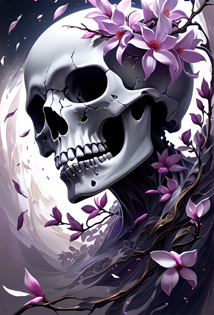 Cinematic digital painting: stark white skull (at the half top skull) metamorphosing into delicate magnolia petals. Dramatic chiaroscuro lighting. Low-angle shot capturing dynamic transformation. Intricate bone texture dissolving into soft floral details. Skull suspended mid-air,, petals unfurling. Swirling abstract background of bright purples and ethereal whites. Moody, otherworldly atmosphere. Hyperrealistic brush strokes in 8K resolution.,