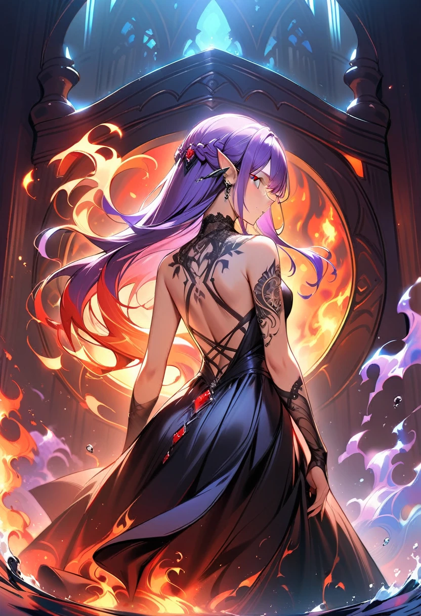 a picture of a an elf with a ((tattoo of a shark: 1.5)) on her back, Dark fantasy art, fantasy art, goth art,, a glowing tattoo of a ((shark: 1.3)) on the back of the elf, the ((shark tattoo)) is vivid, intricate detailed coming to life from the ink to real life, GlowingRunesAI_purple, ((fire surrounds the shark: 1.5)), shoot taken from the back, ((the back is visible: 1.3), she wears a transparent black dress, the dress is elegant, flowing, elven style, that the tattoos glow, dynamic hair color, dynamic hair style, faize