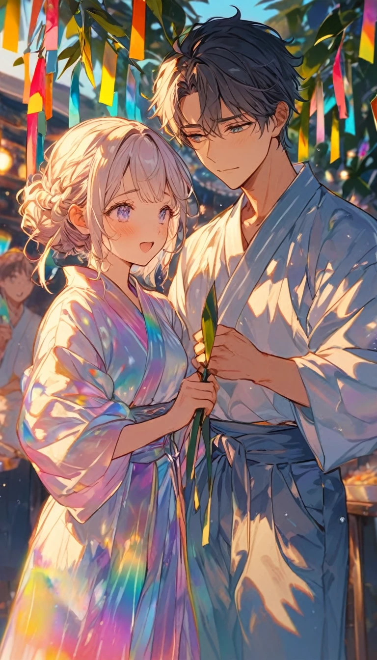 涙を流すTwo people、Sad expression、Caving、大きな花を見つめ合うTwo people、Two people、Tanabata、Strip、Bamboo leaf、Stripに願いをこめて、Grilling in a yukata,fluid,Particles of light, dream-like,Sparkling,dream-like glow,Paint drips,oil,strong stroke,Paint drips,Splash Paint Drop, oil,(Abstract:1.2)A girl and a boy made up of(Tanabataライトトレース:1.25),Change to (Radioluminescence light tracking) スタイルTanabataのSummer festival,Two peopleは織姫と彦星(Cowboy Shot),Temple Fair,Summer festival,Shining in rainbow colors、16K, Ultra-high resolution, to be born,wonderful ,future、Iridescent、The world 30 years from now。