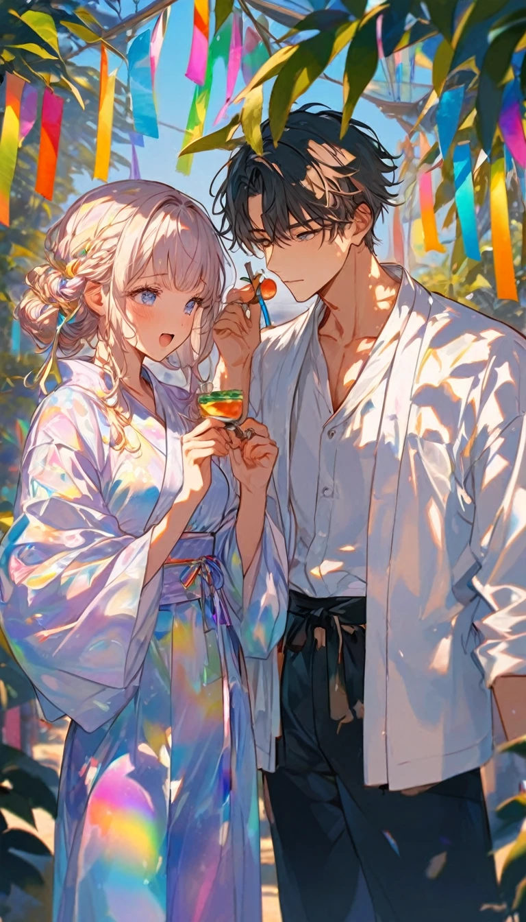 涙を流すTwo people、Sad expression、Caving、大きな花を見つめ合うTwo people、Two people、Tanabata、Strip、Bamboo leaf、Stripに願いをこめて、Grilling in a yukata,fluid,Particles of light, dream-like,Sparkling,dream-like glow,Paint drips,oil,strong stroke,Paint drips,Splash Paint Drop, oil,(Abstract:1.2)A girl and a boy made up of(Tanabataライトトレース:1.25),Change to (Radioluminescence light tracking) スタイルTanabataのSummer festival,Two peopleは織姫と彦星(Cowboy Shot),Temple Fair,Summer festival,Shining in rainbow colors、16K, Ultra-high resolution, to be born,wonderful ,future、Iridescent、The world 30 years from now。