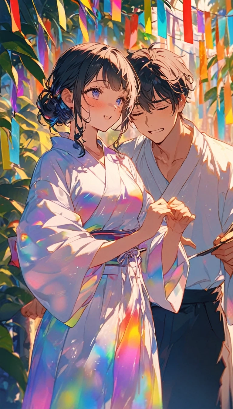 Sad expression、Caving、Stripを見つめ合うTwo people、Two people、Tanabata、Strip、Bamboo leaf、Stripに願いをこめて、Grilling in a yukata,fluid,Particles of light, dream-like,Sparkling,dream-like glow,Paint drips,oil,strong stroke,Paint drips,Splash Paint Drop, oil,(Abstract:1.2)A girl and a boy made up of(Tanabataライトトレース:1.25),Change to (Radioluminescence light tracking) スタイルTanabataのSummer festival,Two peopleは織姫と彦星(Cowboy Shot),Temple Fair,Summer festival,Shining in rainbow colors、16K, Ultra-high resolution, to be born,wonderful ,future、Iridescent、The world 30 years from now。