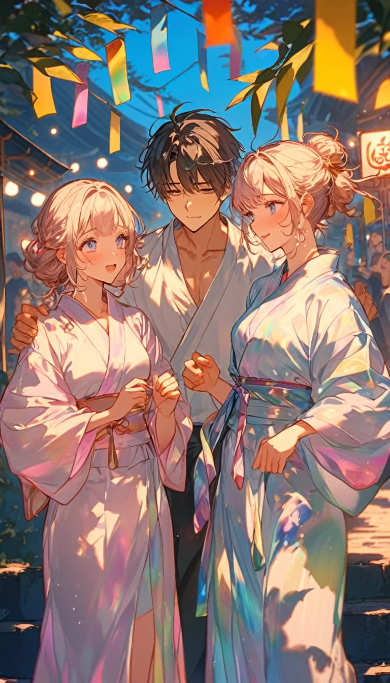 涙を流すTwo people、Sad expression、Caving、大きな花を見つめ合うTwo people、Two people、Tanabata、Strip、Bamboo leaf、Stripに願いをこめて、Grilling in a yukata,fluid,Particles of light, dream-like,Sparkling,dream-like glow,Paint drips,oil,strong stroke,Paint drips,Splash Paint Drop, oil,(Abstract:1.2)A girl and a boy made up of(Tanabataライトトレース:1.25),Change to (Radioluminescence light tracking) スタイルTanabataのSummer festival,Two peopleは織姫と彦星(Cowboy Shot),Temple Fair,Summer festival,Shining in rainbow colors、16K, Ultra-high resolution, to be born,wonderful ,future、Iridescent、The world 30 years from now。