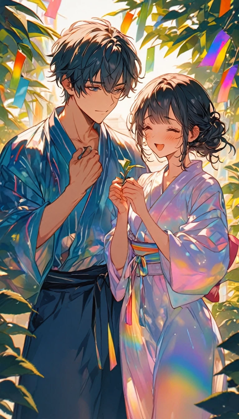 涙を流すTwo people、Sad expression、Caving、大きな花を見つめ合うTwo people、Two people、Tanabata、Strip、Bamboo leaf、Stripに願いをこめて、Grilling in a yukata,fluid,Particles of light, dream-like,Sparkling,dream-like glow,Paint drips,oil,strong stroke,Paint drips,Splash Paint Drop, oil,(Abstract:1.2)A girl and a boy made up of(Tanabataライトトレース:1.25),Change to (Radioluminescence light tracking) スタイルTanabataのSummer festival,Two peopleは織姫と彦星(Cowboy Shot),Temple Fair,Summer festival,Shining in rainbow colors、16K, Ultra-high resolution, to be born,wonderful ,future、Iridescent、The world 30 years from now。