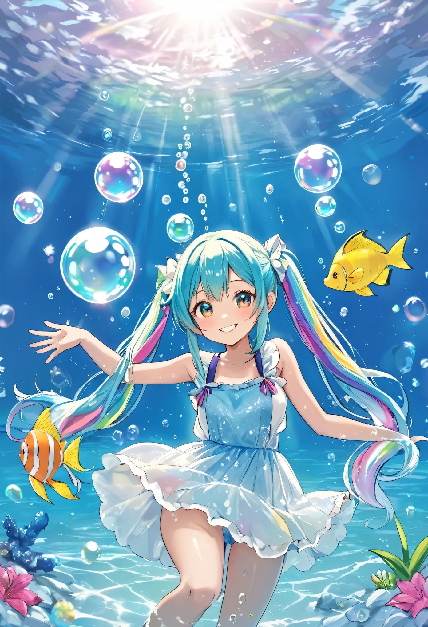 A girl in water with lots of bubbles　Lots of big bubbles　Rainbow bubbles　Light blue long hair　Beautiful girl with twin tails　In crystal clear water　Smiling Girl